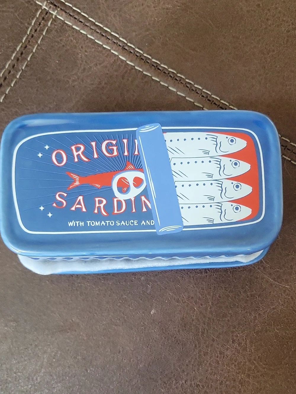Hobby Lobby Blue and Red Sardine Butter Dish